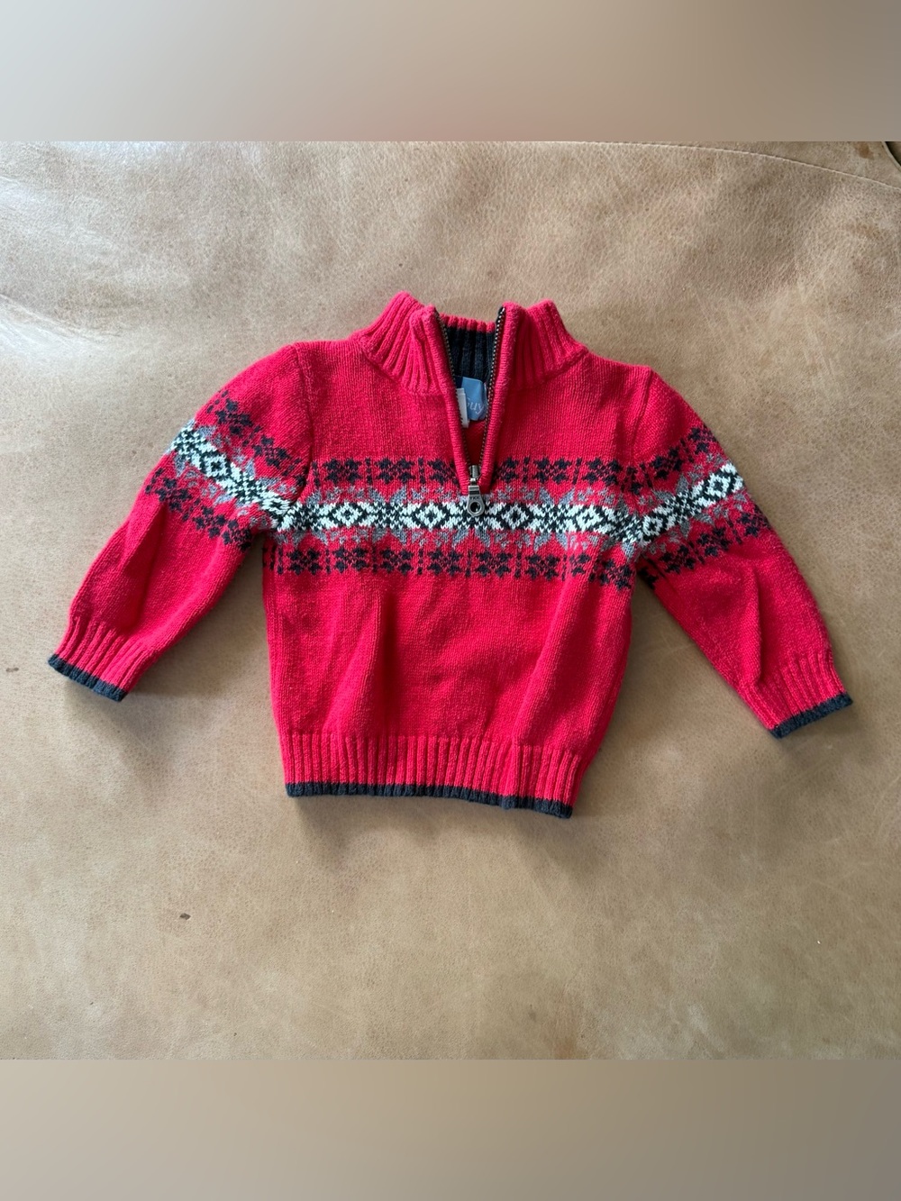 Great Guy Fair Isle Red 1/4 Zip Mock Neck Knit Sweater Ramie Cotton 24M